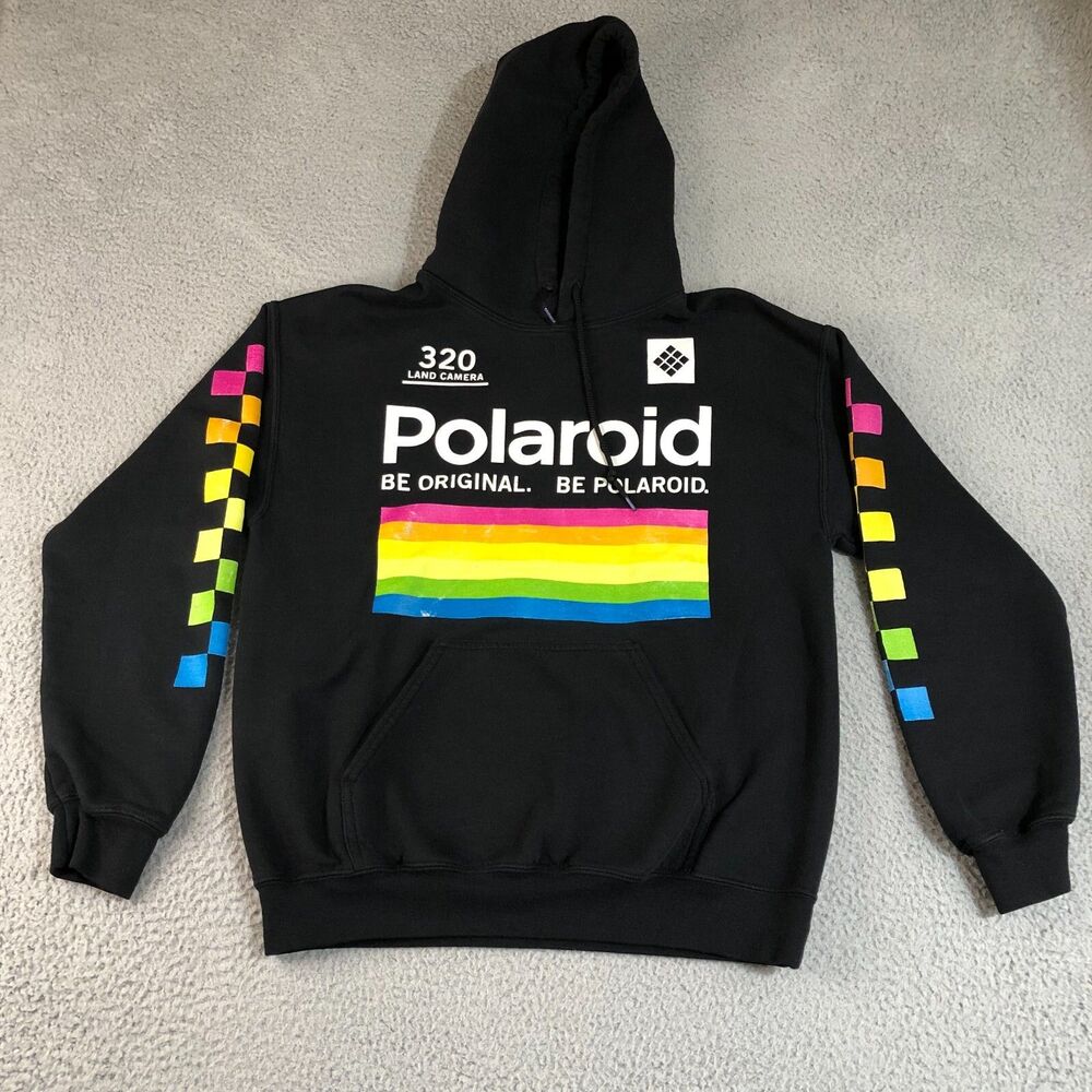 Polaroid 320 Hoodie Men M Black Camera Retro Sweatshirt Pullover Graphic Logo
